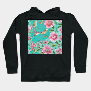 Pink and turquoise chinoiserie flowers and birds Hoodie